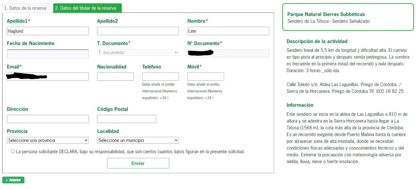 Screenshot of how to apply fro La Tiñosa permit.