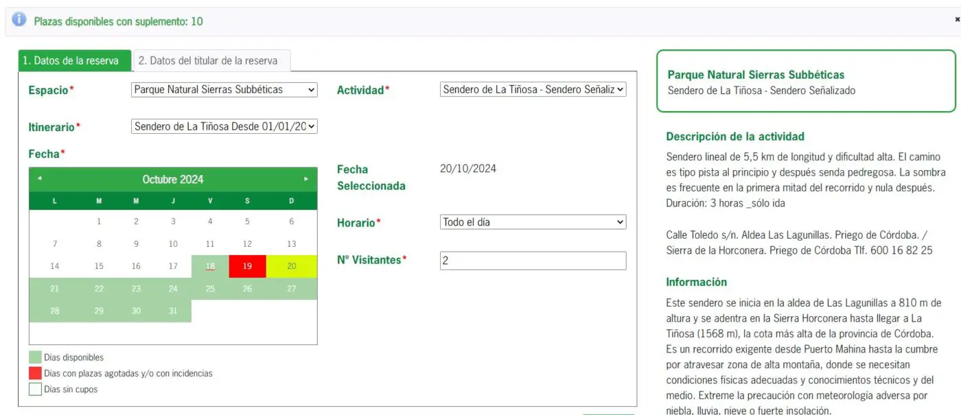 A screenshot to show how to apply for permit to hike La Tiñosa Cordoba.