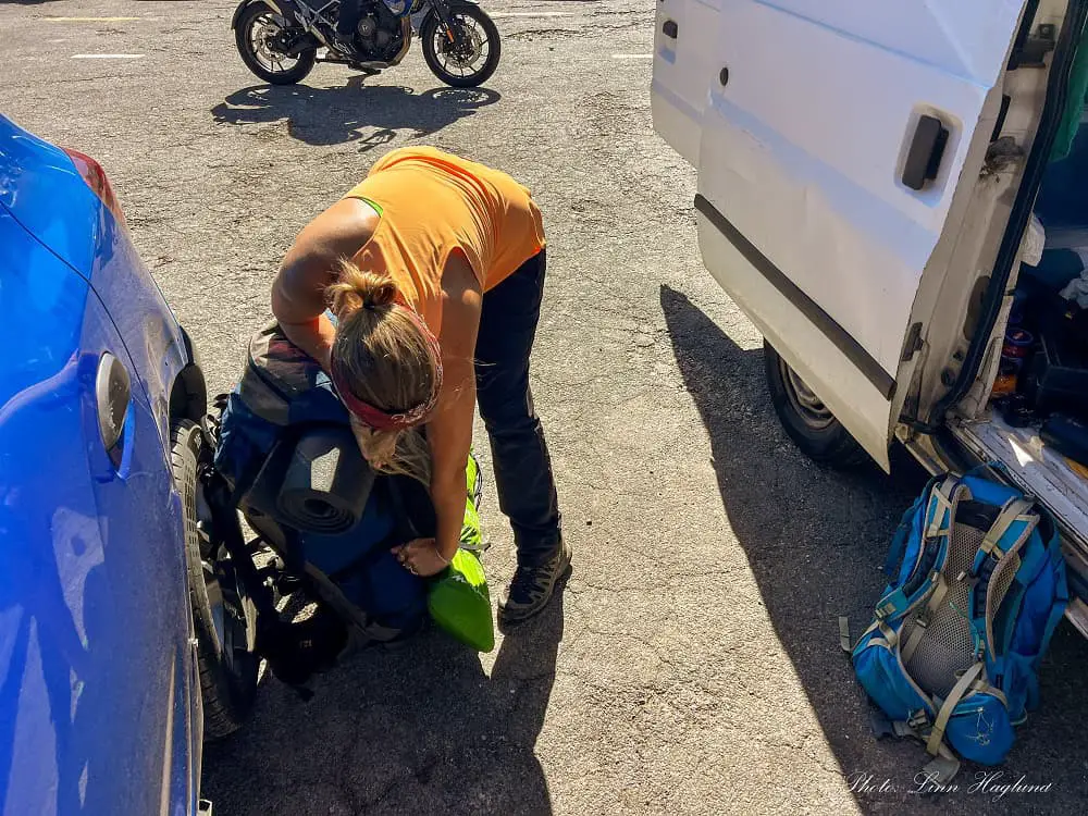 Me Packing for hiking 3 highest peaks in Sierra Nevada.