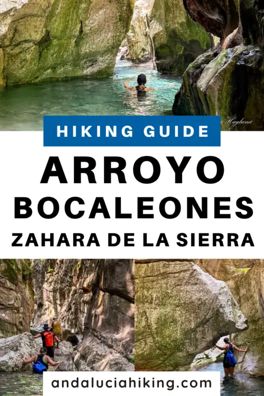 Pinterest image with pictures of people hiking and swimming in a canyon filled with water and the overlay text: "Hiking Arroyo de Bocaleones".